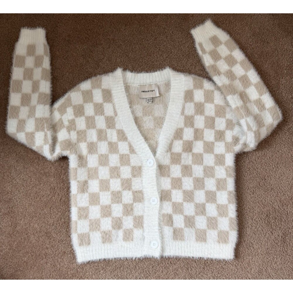 Industry Cardigan XS Cream Beige Checkered Fuzzy Cropped Button Front Sweater - Picture 6 of 13